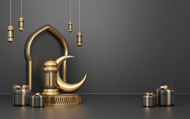 Wall Mural - Islamic decoration background with lantern and crescent moon luxury style, ramadan kareem, mawlid, iftar, isra miraj, eid al fitr adha, muharram, copy space text area, 3D illustration.