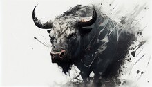 A Painting Drawing Of Aggressive Buffalo Bull By Watercolor Dark Style, Generative AI, Illustration