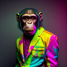 Realistic Lifelike Chimpanzee In Fluorescent Electric Highlighters Ultra-bright Neon Outfits, Commercial, Editorial Advertisement, Surreal Surrealism. 80s Era Comeback

