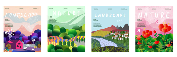 Nature and landscape. Vector illustration of mountains, Trees, plants, fields and farms. Editable work for cover or card designs.