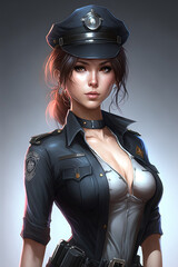 Wall Mural - beautiful cop girl with sexy breasts in uniform. drawn style. Generative AI illustration