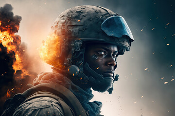 Wall Mural - portrait of black soldier in a helmet and modern ammunition on battlefield against the background of explosions. Generative AI