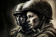 © alexkoral - portrait of two soldiers man and woman in helmets and modern ammunition. Generative AI