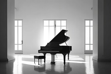 Sticker - White background with a solitary grand piano. Generative AI