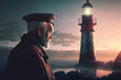 © alexkoral - elderly man lighthouse keeper at dawn in morning. Cartoon drawn style. Generative AI