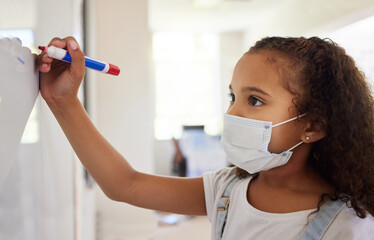 Wall Mural - School student writing on whiteboard in class during covid pandemic for learning, education and study. Young kindergarten, preschool or elementary kid with mask for safety, protection and protocol