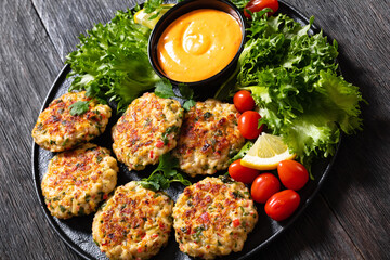 Sticker - crab cakes with sauce, lettuce, tomatoes, lemon