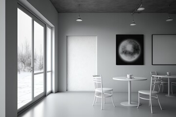 Sticker - There are empty white posters on the walls, a large panoramic window overlooking the town, tables, chairs, poufs, and a concrete floor at this cafe. The principle of minimalist architecture. Freedom t