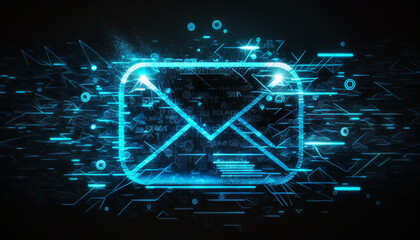 Holographic dark blue neon email  symbol over blur data code