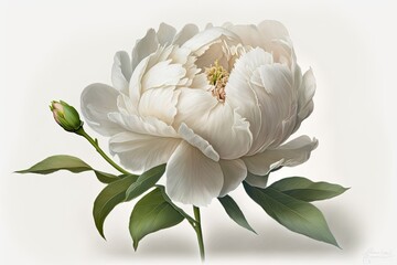 Canvas Print - A white peony flower head is depicted in watercolor on a white background in a realistic manner. Generative AI