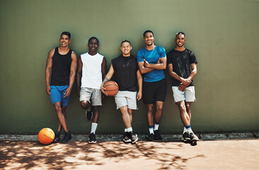 Wall Mural - Sports, basketball and team at court training for a game, match or competition with a smile. Portrait of athletes, workout and diverse group of men playing sport for exercise, fitness and health