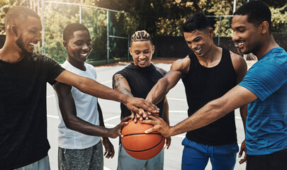 Wall Mural - Training, friends and community support by basketball players hand connected in support of sports goal and vision. Fitness, trust and motivation on basketball court by happy, united professional men