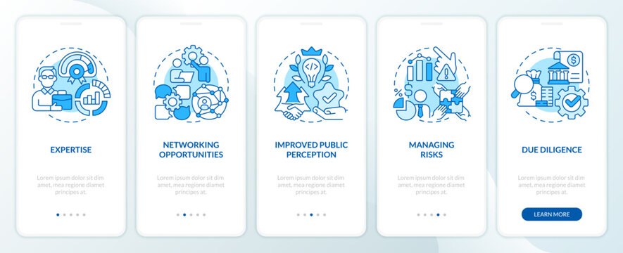 venture capital financing benefits blue onboarding mobile app screen. walkthrough 5 steps editable g