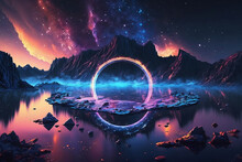 3d Render, Abstract Neon Background With Glowing Laser Ring, Crystals Under The Starry Night Sky And Reflection In The Water. Fantasy Cosmic Landscape. Generative AI.