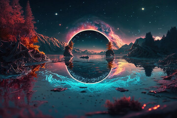 3d render, abstract neon background with glowing laser ring, crystals under the starry night sky and reflection in the water. Fantasy cosmic landscape. Generative AI.