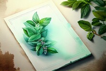 Spring Of Mint Laying On The Corner Of Empty Paper, Watercolor Style AI Generated