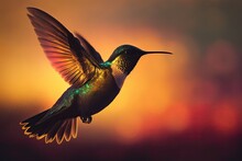Shot Of A Ruby Throated Hummingbird In Flight, Silhouetted Against A Golden Sky And Setting Sun. The Feathers Shimmer In The Sunlight, Revealing A Rainbow Of Hues. Generative AI