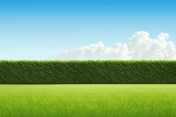 Wall Mural - Tall long tree hedge with green grass and sky. Summer lawn backyard background. Generative AI.