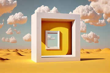 3d render, surreal desert landscape with white clouds going into the yellow square portals on sunny 