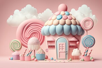 Wall Mural - advertisement platform in pastel pink Cute candy shop lollipop birthday concept baby background. sweets rainbow caramel cloud marshmallow oven home. Generative AI