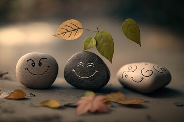 Wall Mural - Stones with a smiley face and some leaves drawn on them sit on a table in front of a hazy background. Zen idea. Generative AI