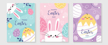 Happy Easter Element Cover Vector Set. Hand Drawn Playful Cute Rabbit Decorate With Easter Eggs, Chicks, Leaf Branch, Heart, Sparkles. Collection Of Adorable Doodle Design For Decorative, Card, Kids.