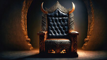 Royal Chair Made Of Black Leather And Wood With Some Carvings And Some Horns On It In A Dark Room With A Dark Background And Wooden Arch Entrance, Generative AI