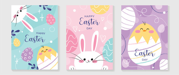 happy easter element cover vector set. hand drawn playful cute rabbit decorate with easter eggs, chi
