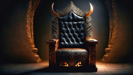 royal chair made of black leather and wood with some carvings and some horns on it in a dark room with a dark background and wooden arch entrance, generative AI