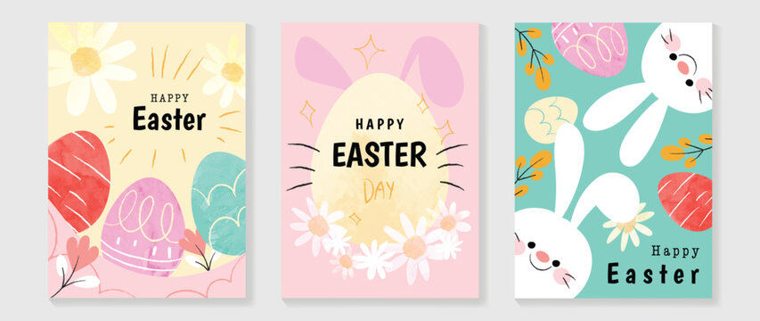 happy easter element cover vector set. hand drawn playful cute white rabbit decorate with watercolor