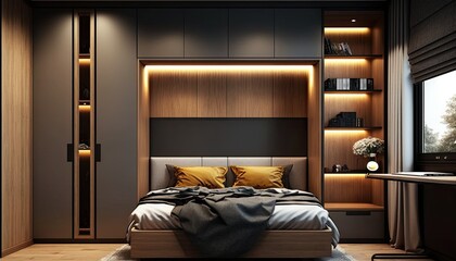 Wall Mural - Fitted modern wardrobe around bed to have a place to store the fancy clothes, interior