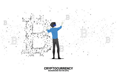 Poster - Silhouette man wear VR glasses with bitcoin icon from Polygon dot connect line. Concept for cryptocurrency technology and financial network connection.