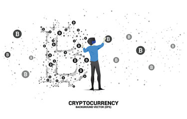 Poster - Silhouette man wear VR glasses with bitcoin icon from Polygon dot connect line. Concept for cryptocurrency technology and financial network connection.