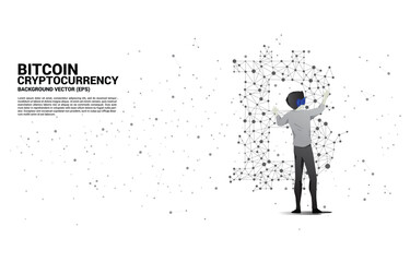 Poster - Silhouette man wear VR glasses with bitcoin icon from Polygon dot connect line. Concept for cryptocurrency technology and financial network connection.