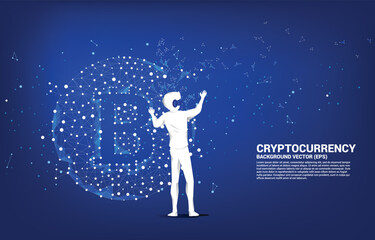 Poster - Silhouette man wear VR glasses with bitcoin icon from Polygon dot connect line. Concept for cryptocurrency technology and financial network connection.