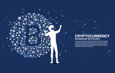 Poster - Silhouette man wear VR glasses with bitcoin icon from Polygon dot connect line. Concept for cryptocurrency technology and financial network connection.