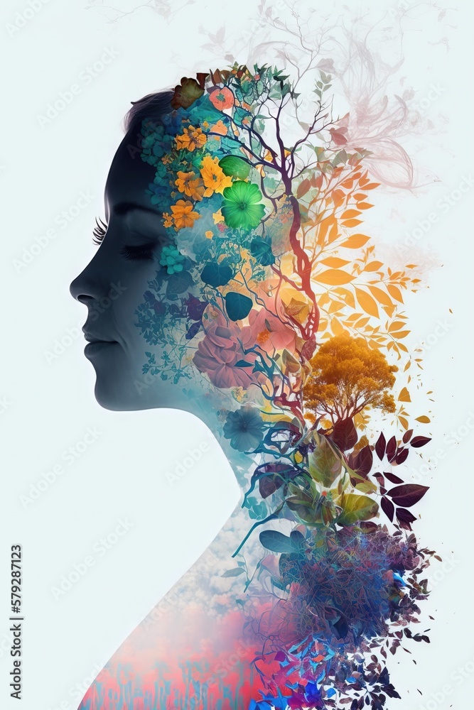 Double exposure woman profile and flowers mental health women's day ...