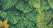 Decorative Background With Exotic Tropical Leaves And Flowers. Generative AI
