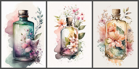 Wall Mural - Natural cosmetics concept. Bottles with flowers and plants inside. Watercolor illustration. Generative ai