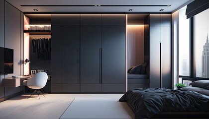 Wall Mural - Fitted modern wardrobe around bed to have a place to store the fancy clothes, interior