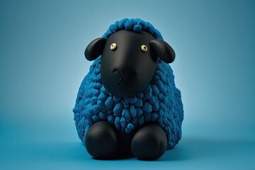 Sticker - Plasticine black sheep sitting cutely on a blue background. Clay is a lone wolf; he is exceptional; he is unique; he is competitive; he is a rebel. artwork. Generative AI