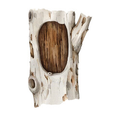 Hollow tree trunk watercolor illustration. Hand drawn timber with a big round hole. Realistic hollow tree trunk natural forest, park element.