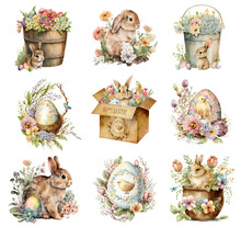 Watercolor Easter Bunny, Egg Illustrations.  Generative Ai Clipart
