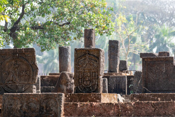 ancient portuguese era grave stones outside the cemetery of st. francis of assisi in old goa.