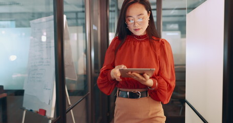 Poster - Business, leadership and Asian woman in office, working with team on laptop, tablet and computer in workplace. Success, teamwork and female worker walking, meeting and planning for digital marketing