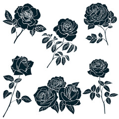 Canvas Print - Black silhouette of rose isolated on white background. Vector illustration.