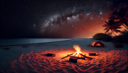 Wall Mural - Camping bonfire in Maldives beach. Generative AI