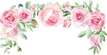 Watercolor Separate Individual Flower Illustration. Delicate Bouquet With Green Leaves, Pink Peach Blush Flowers, Twigs, Eucalyptus, Rose, Peony. For Wedding Invitations, Wallpapers, Fashion Prints.