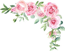 Watercolor Separate Individual Flower Illustration. Delicate Bouquet With Green Leaves, Pink Peach Blush Flowers, Twigs, Eucalyptus, Rose, Peony. For Wedding Invitations, Wallpapers, Fashion Prints.