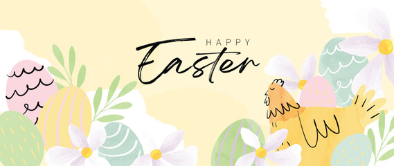 Happy Easter watercolor element background vector. Hand painted fluffy playful cute rabbit with spring flowers, garden, pastel color texture. Adorable doodle design for decorative, card, kids, banner.